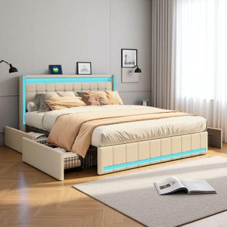 OEM Cama 140x190 Cm, 5ytt, Led Rgb, Usb Y Type-c, Escandinava, Cama Para Adultos, Marco De Cama Doble 140x190 Cm, Lino, Beige