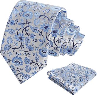 Alizeal Mens 8cm Floral Ties for Men Wedding Party Classic Formal Necktie and Pocket Square Set, Gray+Light Blue
