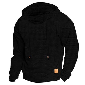 Generic Hoodies for Men Waffle Jacquard Sweatshirt with Pocket Solid Color Hooded Casual Winter Fall Long Sleeve Pullover Top Sueter para Hombre(Z01-Black, XX