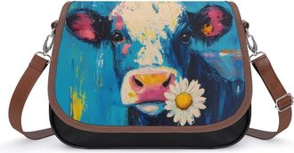 Generic Funny Daisy Cow Painting Crossbody Bag Womens Handbag PU Message Bags Shoulder Purse with Adjustable Strap
