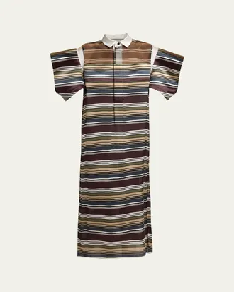 sacai Striped Satin Flutter-Sleeve Midi Shirtdress