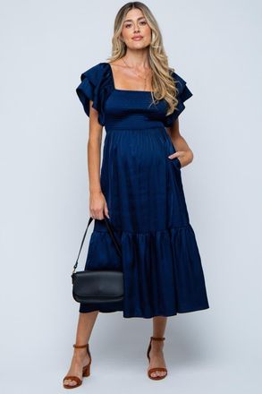 Pinkblush Satin Flutter Sleeve Midi Dress in Navy Blue at Nordstrom, Size Medium