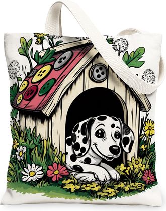 Generic Spring Dalmatian Dog Canvas Tote Bag for Shopping 13x15, Fun Flower Puppy Kennel Reusable Grocery Print Pattern Bag for Women, Cute Pet Beach Aestheti