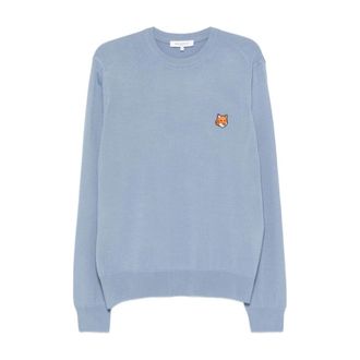 Maison Kitsun&eacute; Round-neck Knitwear, male, Blue, Size: M Fox Head Merino Regular Jumper