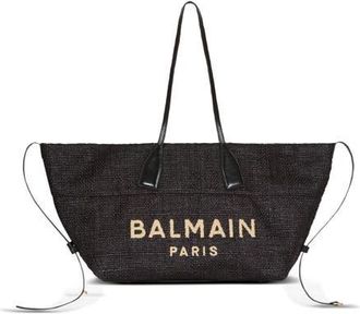 Balmain Track tote bag in raffia and calfskin in Black at Nordstrom