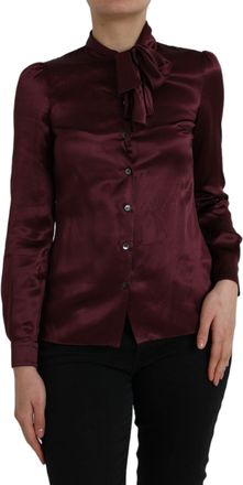 Dolce & Gabbana Maroon Ascot Collar Long Sleeve Top Womens Blouse