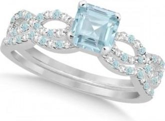 Allurez Aquamarine & Diamond Princess Infinity Bridal Set 14k W. Gold 1.74ct