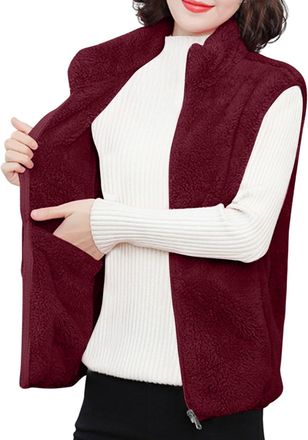Generic Womens Fleece Gilet Sleeveless Zip-Up Teddy Jacket Winter Body Warmers Soft Fluffy Sherpa Vest Casual Comfortable Plush Waistcoat with Pockets Wine L