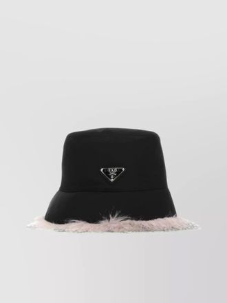 Prada nylon brimmed hat with eco fur and feather trim