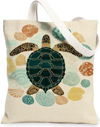 Generic Turtle Canvas Tote Bags, Ocean Shell Pattern Reusable Grocery Bags, Summer Vintage Artistic Lightweight Washable Shoulder S, Beige, 13x15 Inch