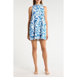 Sugarlips Ciela Floral Print Trapeze Minidress in Wht-Blues at Nordstrom, Size X-Large