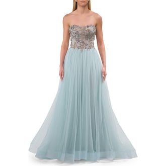 La Femme A-line Tulle Prom Dress with Stunning Floral Beaded Design in Dusty Blue at Nordstrom, Size 10