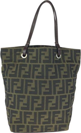 Fendi Dark Brown Nylon Leather Handbag Tote Bag (Pre-Owned)
