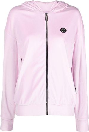 Philipp Plein logo-patch zip hoodie - women - Elastane/Cotton/Polyester/glass - S - Pink