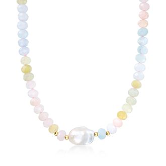 Ross-Simons Multicolored Beryl and 13-14mm Cultured Baroque Pearl Necklace With 18kt Gold Over Sterling