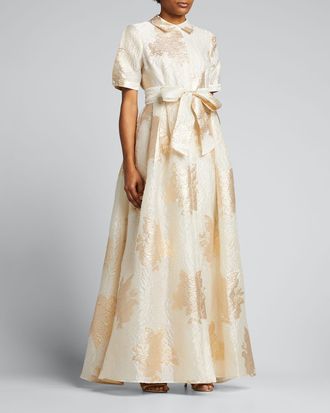 Teri Jon Half-Sleeve Textured Jacquard Shirt Gown