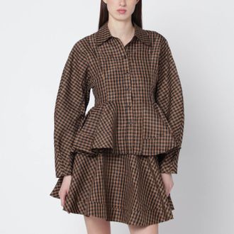 Ganni Camicia con peplo marrone/nera con motivo vichy