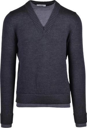 Alpha Studio V-Neck Pullover In Soft Grey Merino Wool With Ribbed Detailing