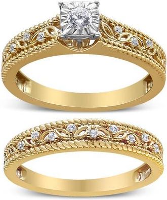 House of Brilliance 14K Yellow Gold Plated Silver 1/5 Cttw Diamond Art Deco Engagement Ring Bridal Set at Nordstrom, Size 7