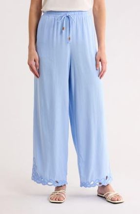 Ellen Tracy Embroidered Eyelet Hem Wide Leg Pull-On Pants in Hydrangea at Nordstrom Rack, Size X-Small