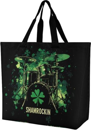 Generic Irish Shamrock Drum St And Patricks Day Tote Bag Reusable Grocery Shopping Bags Large Travel One Shoulder Handbag for Picnic Work