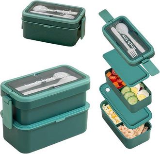 OEM Fiambrera Con 2 Compartimentos, 950+550 Ml, Gran Capacidad, Fiambrera Apilable, Bento Con Tenedor Y Cuchara, Asa Extensible, Verde