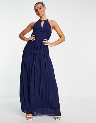 Tfnc Vestito lungo da damigella avvolgente a pieghe blu navy