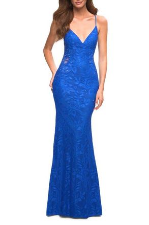 La Femme Lace Prom Dress with Illusion Embellished Sides in Royal Blue at Nordstrom, Size 10