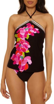 Trina Turk Bougainvillea Reversible Halter Tankini in Black Multi at Nordstrom, Size 10