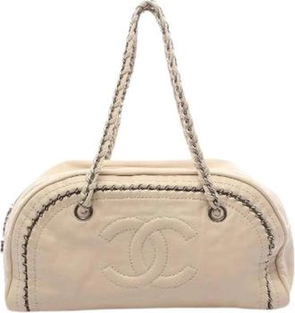 Chanel Pre-owned Coco Mark Mini Boston Schoudertas - Dames - Vintage Schoudertas - Beige - ONE Size - Leer - Vintage