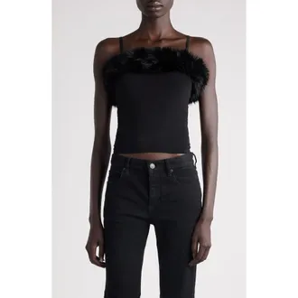 Balenciaga Faux Fur Trim Jersey Fitted Tank in 1069 Black/Black at Nordstrom, Size X-Small