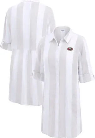 Tommy Bahama Womens Tommy Bahama Khaki/White San Francisco 49ers Rugby Beach Stripe Button-Up Tunic at Nordstrom, Size Medium