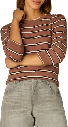 Wit & Wisdom Stripe Three Quarter Sleeve Crewneck Sweater in Light Cacao Powder/macademia at Nordstrom, Size X-Large