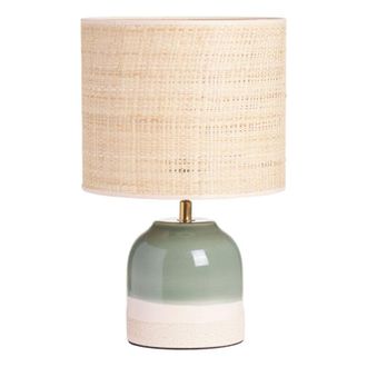 Miliboo Lampada da tavolo verde in ceramica con paralume in rattan H35 cm piega