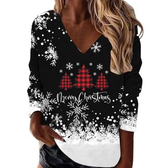 Generic Christmas Jumpers For Women Funny V Neck Sweatshirts Long Sleeve T-Shirts Xmas Snowflake Graphic Shirts Tunic Tops Casual Loose Fit Festive Holiday Pu