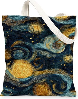Generic Artistic Vintage Canvas Tote Bags, Starry Night Pattern Reusable Grocery Bags, Washable Lightweight Shoulder Strap Canvas F, Navy Blue, 13x15 Inch