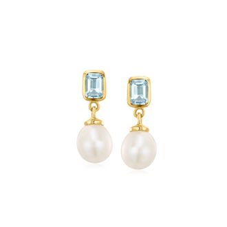 Ross-Simons Sky Blue Topaz and 8.5-9mm Cultured Pearl Drop Earrings in 18kt Gold Over Sterling