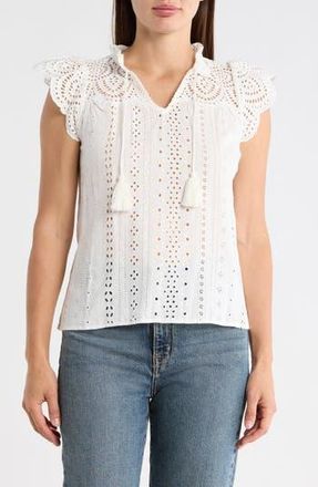 T Tahari Embroidered Eyelet Cap Sleeve Top in White at Nordstrom Rack, Size X-Large