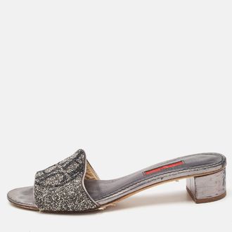 Carolina Herrera CH Carolina Herrera Grey Leather Crystal Embellished Logo Slide Sandals Size 38