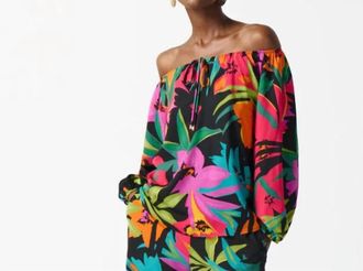 Joseph Ribkoff Off Shoulder Tie Blouse In Black Multi