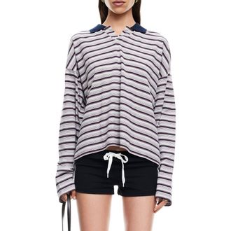 Lioness Rebels Stripe Long Sleeve Oversize Polo in Noir Stripe at Nordstrom Rack, Size X-Large