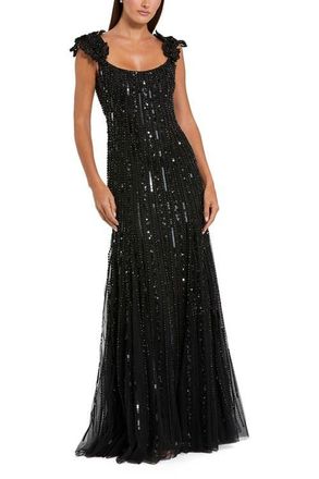 Mac Duggal Sleeveless Mesh Gown With Floral Shoulder Detail in Black at Nordstrom, Size 10