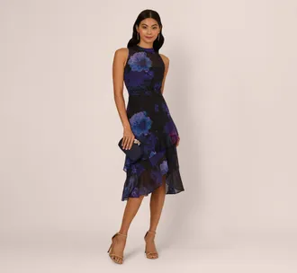 Adrianna Papell Sleeveless Glitter Floral Ruffle Midi Dress In Black Multi