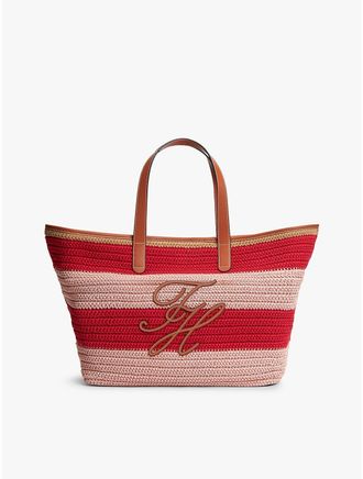 Tommy Hilfiger Womens Nautical Striped Crochet Tote Bag - Pink