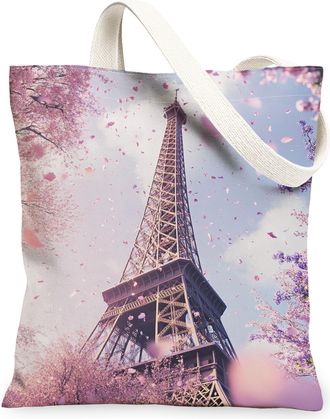 Generic Spring Floral Canvas Tote Bags, Paris Tower Design Lightweight Reusable Grocery Bags for Travel Beach Picnic 13x15 Inch