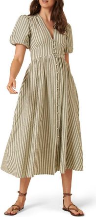 Nobody's Child Starlight Stripe Puff Sleeve Organic Cotton Midi Dress in Green at Nordstrom, Size 4