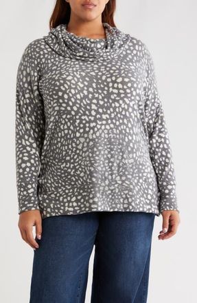 Loveappella Animal Spot Hacci Knit Cowl Neck Tunic in Charcoal/Ivory at Nordstrom, Size 2 X