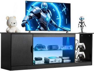 OEM Mueble De Tv, Mueble De Tv De Madera 1480x350x525 Mm Para Televisores De Hasta 1651 Mm Con Tira De Luz, Estante De Vidrio Y Estantes Ajustables, Conso