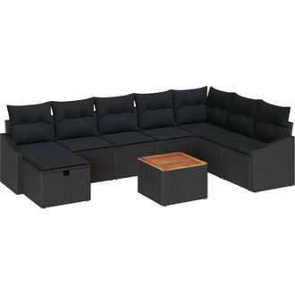 vidaXL Conjunto De Sof&aacute; De Jard&iacute;n Con Coj&iacute;n 9 Pcs Negro Polirat&aacute;n