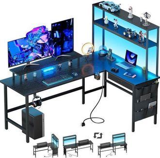 OEM Escritorio En L - Hlonone - 150 Cm - Gaming Con Led - Cajones Y Bolsas De Almacenamiento - Negro